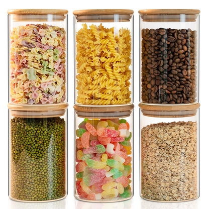 Liuruiyu 6 Pack Glass Food Storage Jars 37 oz,Glass Storage Containers Clear Glass Food Canister with Bamboo Lid Airtight For Serving Tea, Coffee, Flour, Sugar, Candy, Cookie, Spice and More (Square)
