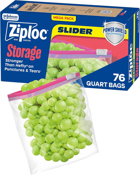 Ziploc Quart Food Storage Slider Bags, Power Shield Technology for More Durability, 76 Count, Pack of 1