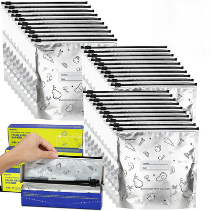 30 Pcs Reusable Aluminum Foil Sealable Storage Bags, 3 Sizes Reusable Freezer Bags, Thicken Stand Up Zipper Aluminum Foil Bags with Label for Food Meat Seafood Vegetables (S+M+L)
