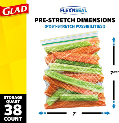 Glad Flex'N Seal Food Storage Plastic Bags, Quart, 38 count, Pack of 4 (Package May Vary)