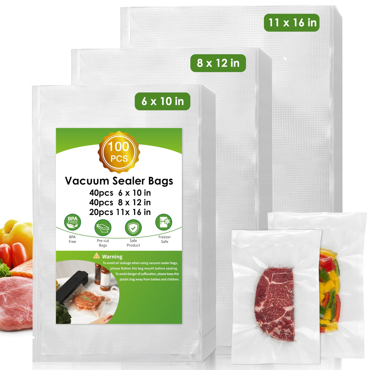 Vacuum Sealer Bags for Food Storage, 150pcs Precut Pint, Quart & Gallon
