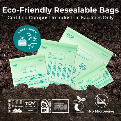 Fit Meal Prep 50 Pack 100% Compostable Food Storage Bags, 7 x 8" Resealable Freezer Bags Quart Size for Meat, Fruits, Plant-Based Sandwich Bag, ASTM D6400, US BPI & EU OK Compost Certified
