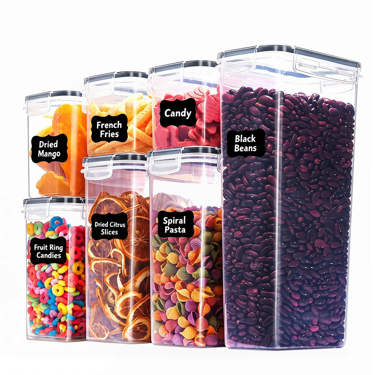 24 PCS Airtight Food Storage Containers with Lids, Plastic Kitchen and Organization Canisters for Cereal, Dry Food, Flour and Sugar, BPA-Free, PVC-Free, Includes 24 Black Labels & Marker