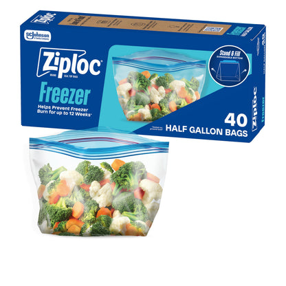 Ziploc Half Gallon Freezer Bags, Food Storage, Easy Open & Close, 40 Count