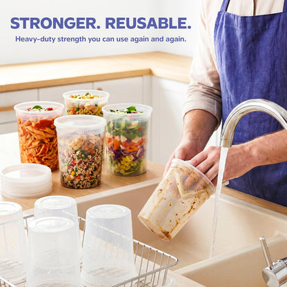 GUSTO 32 oz Plastic Deli Containers with Lids [24 Sets] Food Storage