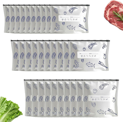 Reusable Aluminum Foil Sealable Storage Bags 30 Pcs, Thicken Stand Up Zip Lock Bags with Label for Food Vegetable Fruit Meat (10S+10M+10L)