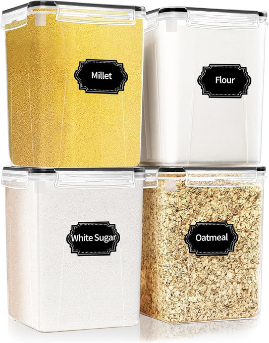 HKJ Chef 4 Pack Large Airtight Food Storage Containers with Lids (5.2L / 176oz), BPA Free Plastic Kitchen and Pantry Organization Contianers for Cereal Flour and Sugar Storage, Labels & Marker