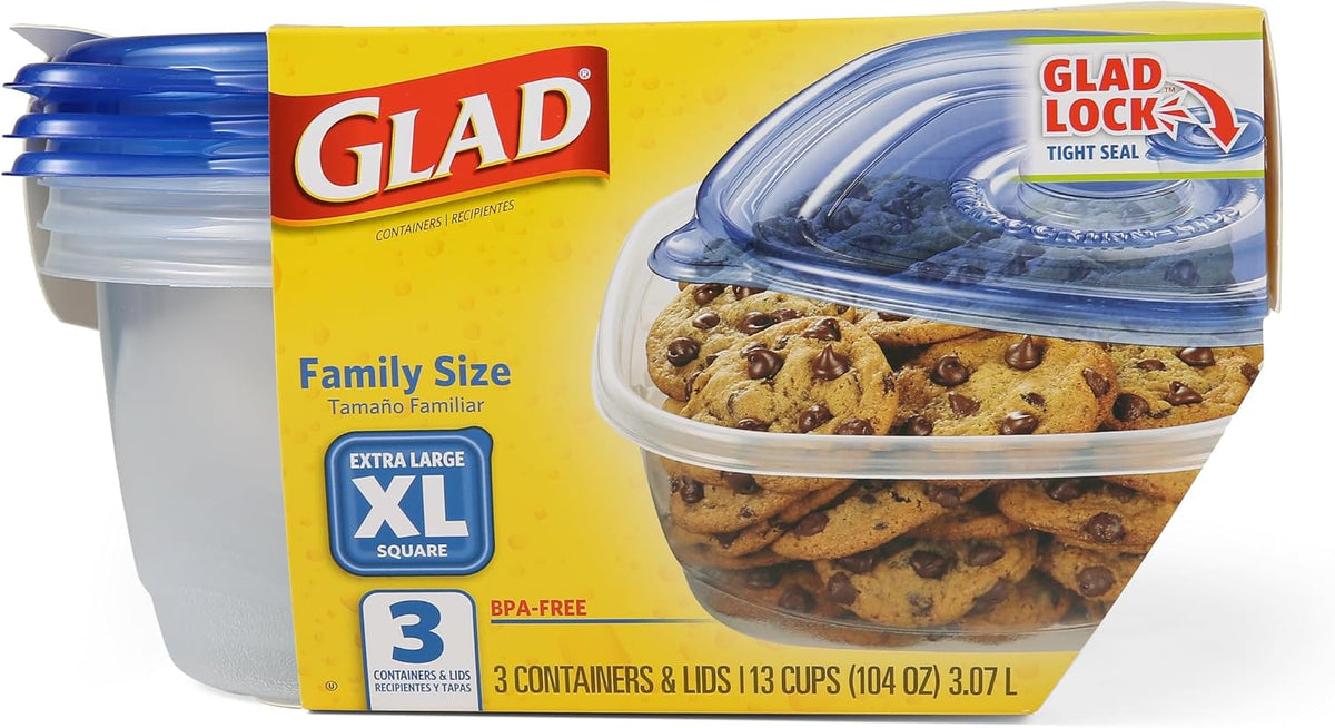 Glad GladWare XL Square Food Storage Containers, 104 Oz, 3 Count