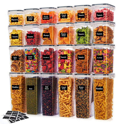 24 PCS Airtight Food Storage Containers with Lids, Plastic Kitchen and Organization Canisters for Cereal, Dry Food, Flour and Sugar, BPA-Free, PVC-Free, Includes 24 Black Labels & Marker