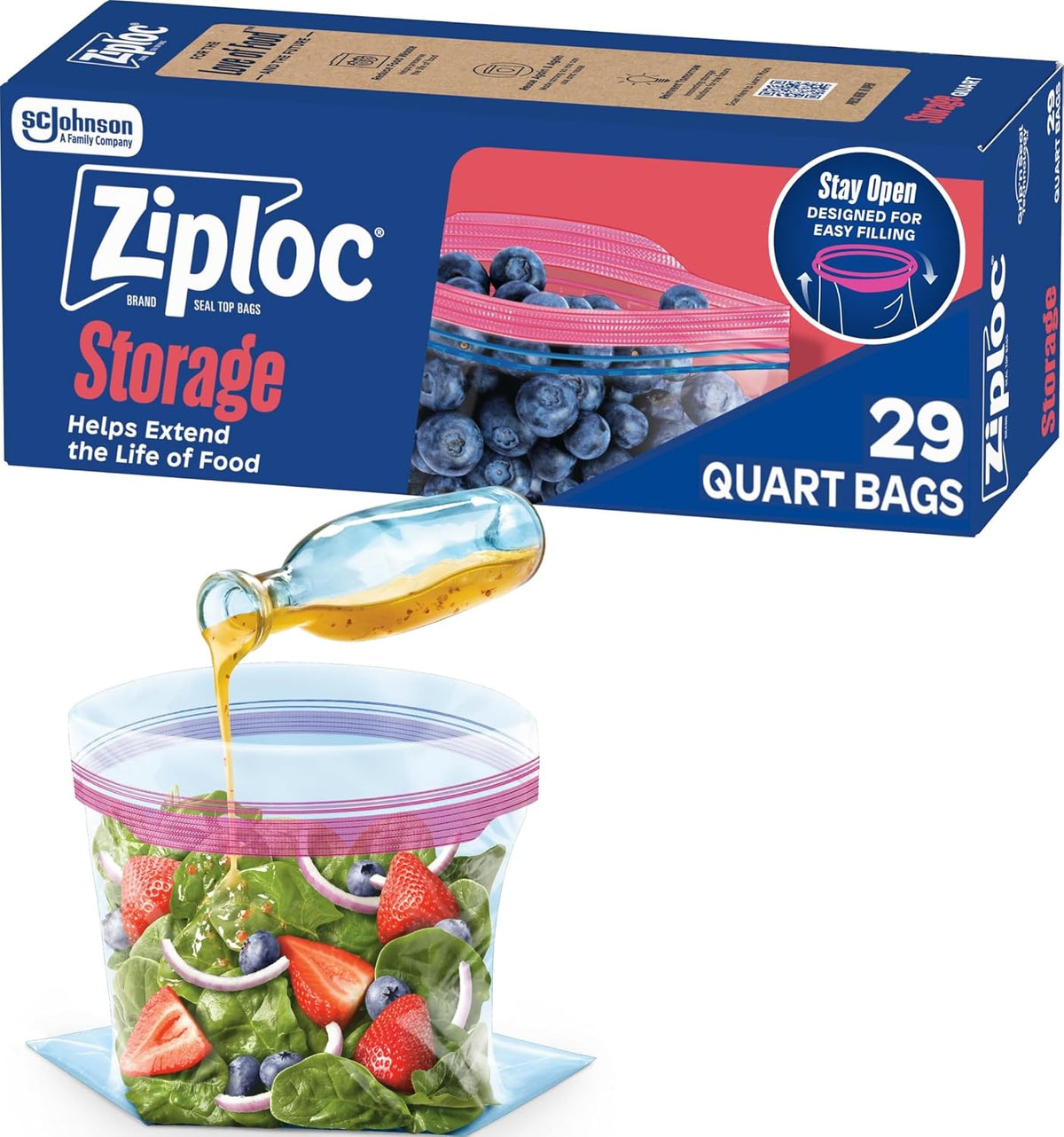 Ziploc Quart Food Storage Bags, Stand-Up Bottom, Easy to Fill, 29 Count