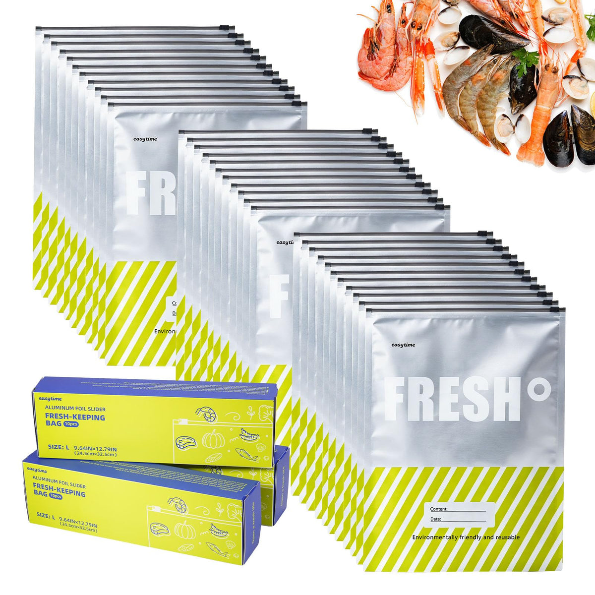 30 Pcs Reusable Aluminum Foil Sealable Storage Bags, 3 Sizes Reusable Freezer Bags, Thicken Stand Up Zipper Aluminum Foil Bags with Label for Food Meat Seafood Vegetables (S+M+L)