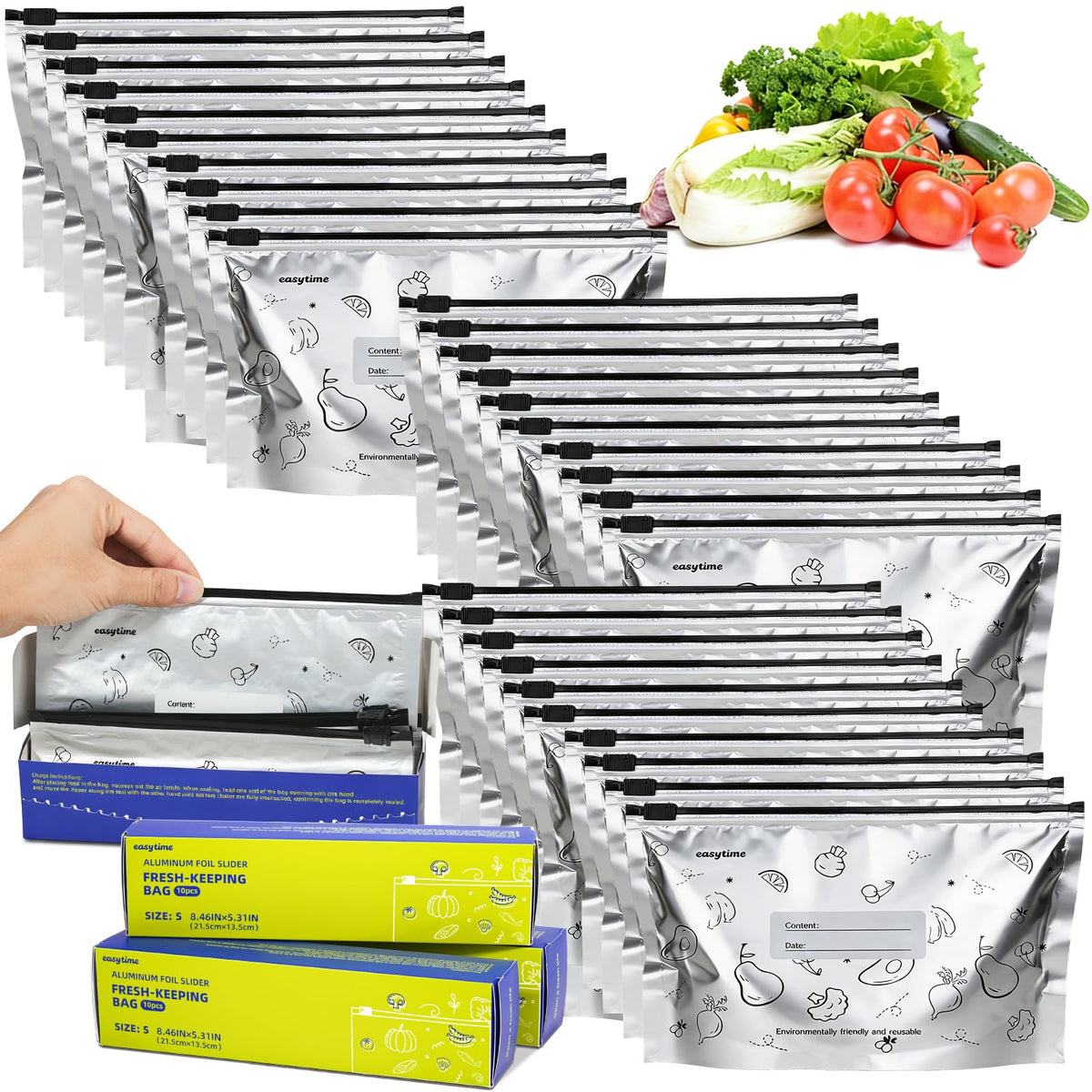 30 Pcs Reusable Aluminum Foil Sealable Storage Bags, 3 Sizes Reusable Freezer Bags, Thicken Stand Up Zipper Aluminum Foil Bags with Label for Food Meat Seafood Vegetables (S+M+L)