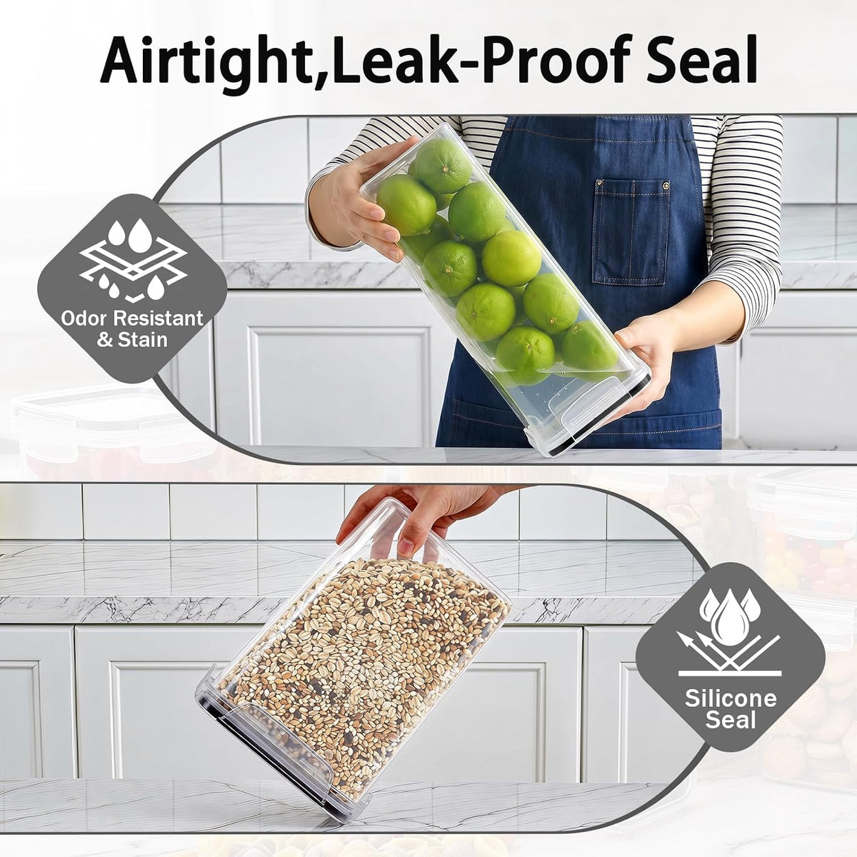 24 PCS Airtight Food Storage Containers with Lids, Plastic Kitchen and Organization Canisters for Cereal, Dry Food, Flour and Sugar, BPA-Free, PVC-Free, Includes 24 Black Labels & Marker