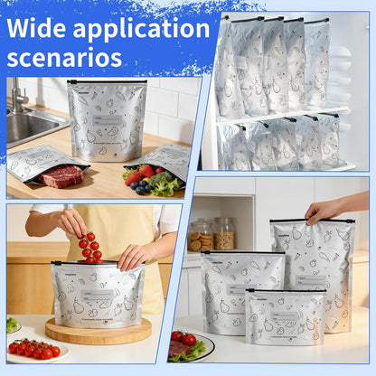 30 Pcs Reusable Aluminum Foil Sealable Storage Bags, 3 Sizes Reusable Freezer Bags, Thicken Stand Up Zipper Aluminum Foil Bags with Label for Food Meat Seafood Vegetables (S+M+L)