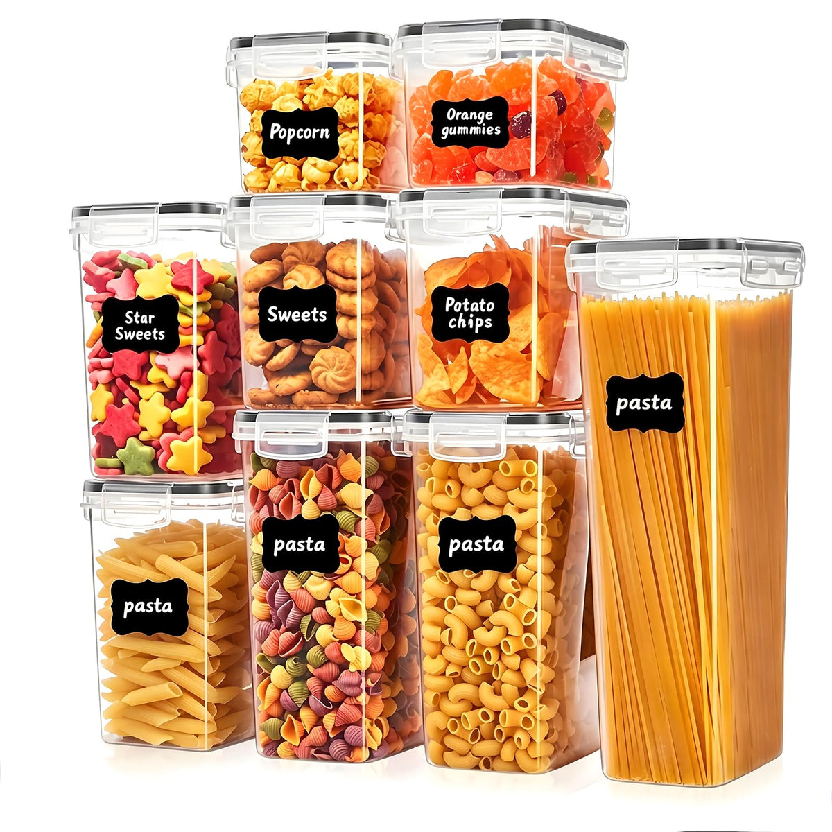 24 PCS Airtight Food Storage Containers with Lids, Plastic Kitchen and Organization Canisters for Cereal, Dry Food, Flour and Sugar, BPA-Free, PVC-Free, Includes 24 Black Labels & Marker
