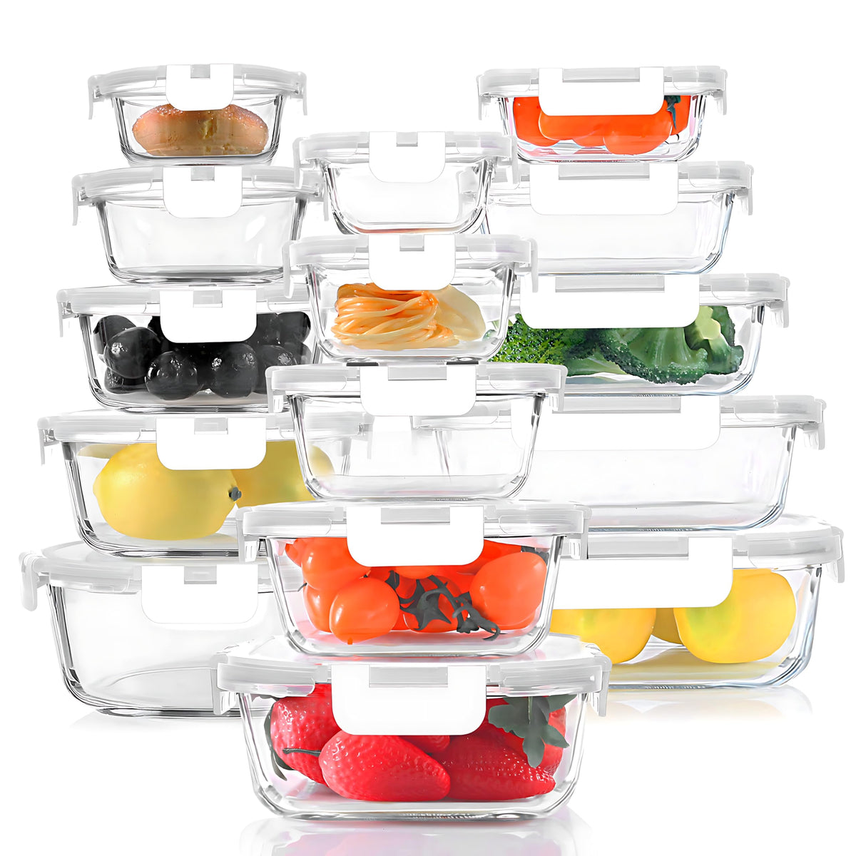 KOMUEE 30 Pieces Glass Food Storage Containers Set with Lids, Gray