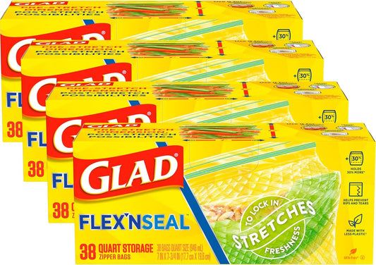 Glad Flex'N Seal Food Storage Plastic Bags, Quart, 38 count, Pack of 4 (Package May Vary)
