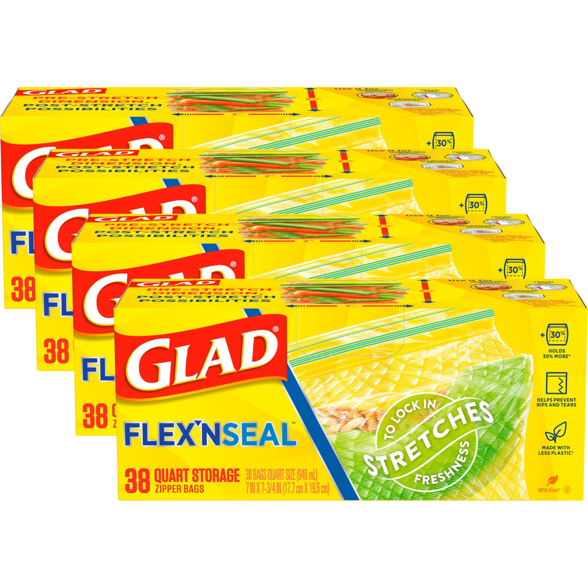 Glad Flex'N Seal Food Storage Plastic Bags, Quart, 38 count, Pack of 4 (Package May Vary)