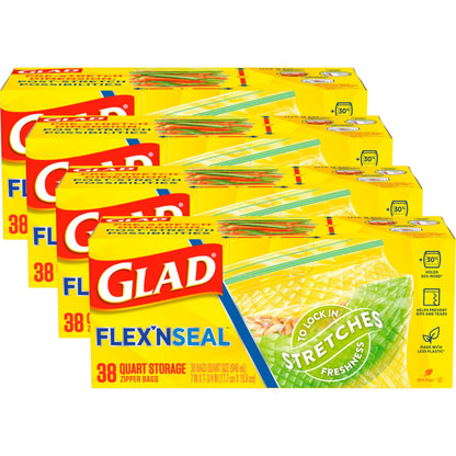 Glad Flex'N Seal Food Storage Plastic Bags, Quart, 38 count, Pack of 4 (Package May Vary)