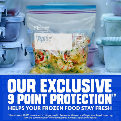 Ziploc Quart Food Storage Freezer Bags, Stand-Up Bottom, Easy to Fill, 24 Count