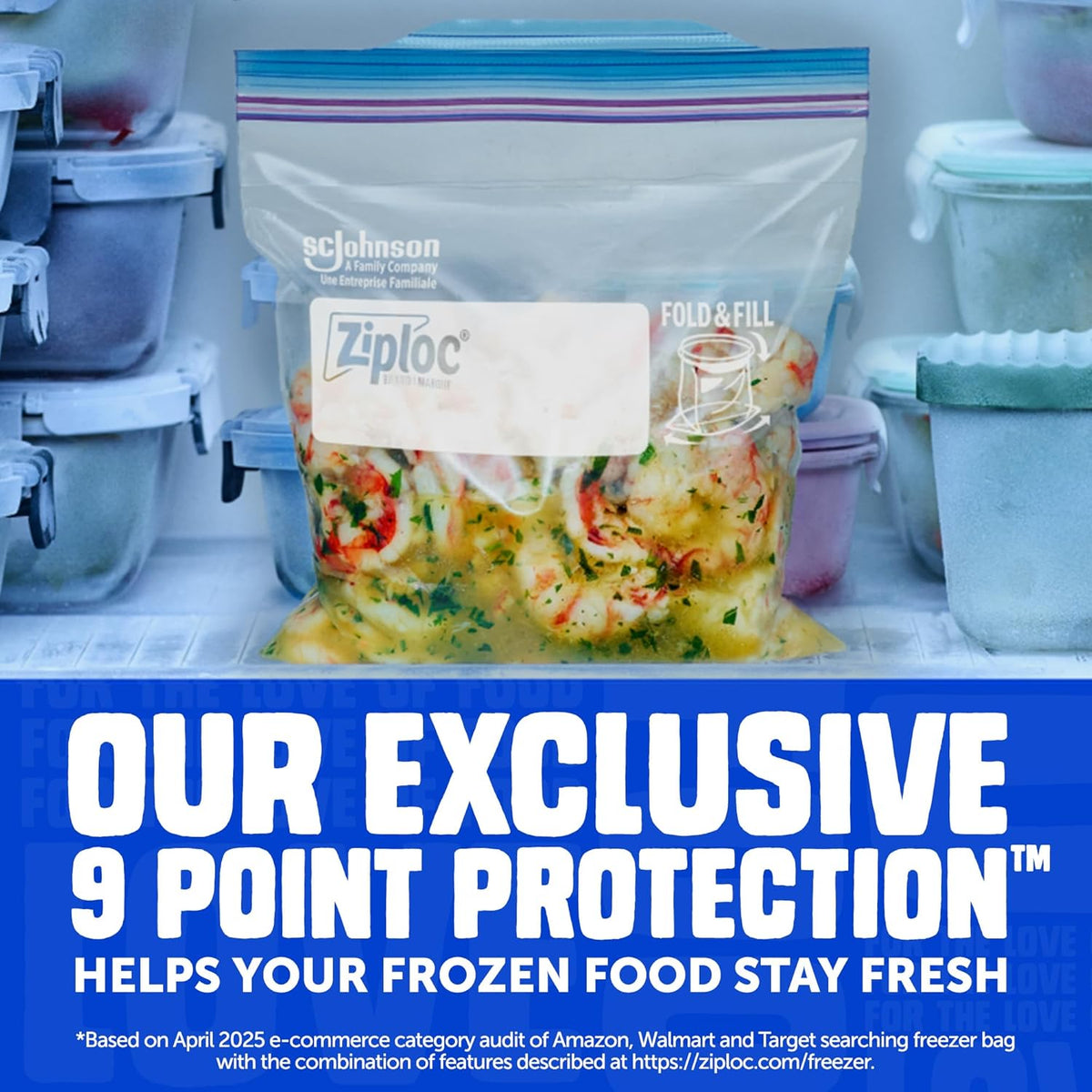 Ziploc Quart Freezer Bags, Food Storage, Stand-Up Bottom, 60 Count