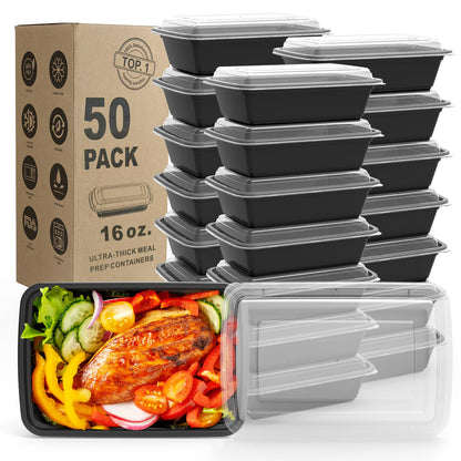 Meal Prep Containers, 50 Pack Extra-thick Food Storage Containers with Lids, Disposable & Reusable Plastic Bento Lunch Box, BPA Free, Stackable, Microwave/Dishwasher/Freezer Safe (24 oz)