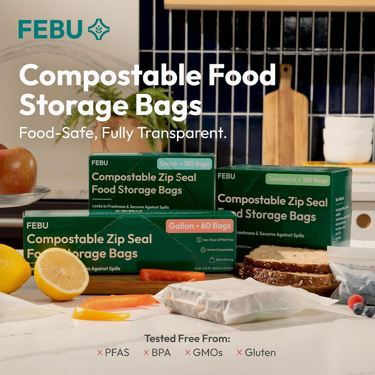 FEBU Compostable Food Storage Bags Variety Pack, 260 Count