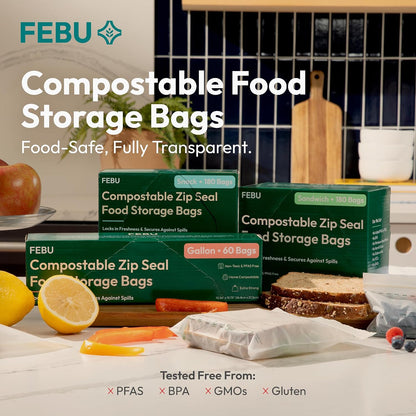 FEBU Compostable Food Storage Bags Variety Pack, 260 Count