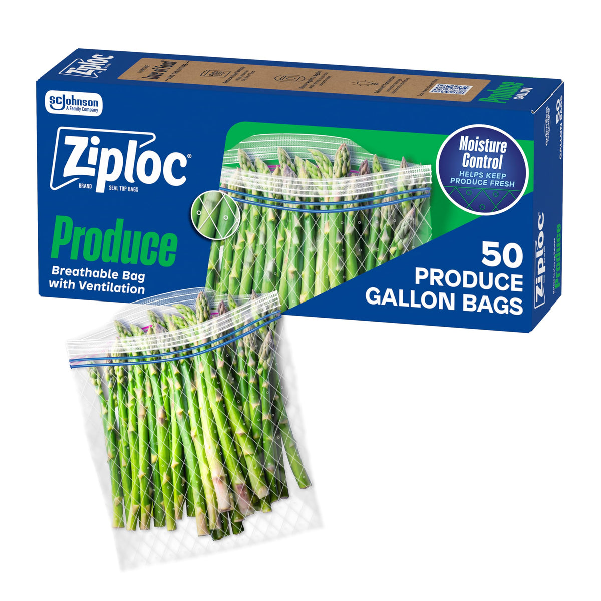 Ziploc Food Storage Produce Bags, Seal Top to Keep and Control Moisture, 50 Bags Total