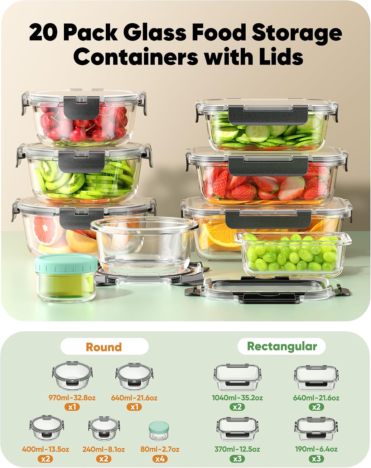 BiuLeon 40 PCS Glass Food Storage Containers with Lids, BPA-Free