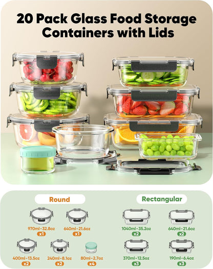 BiuLeon 40 PCS Glass Food Storage Containers with Lids, BPA-Free