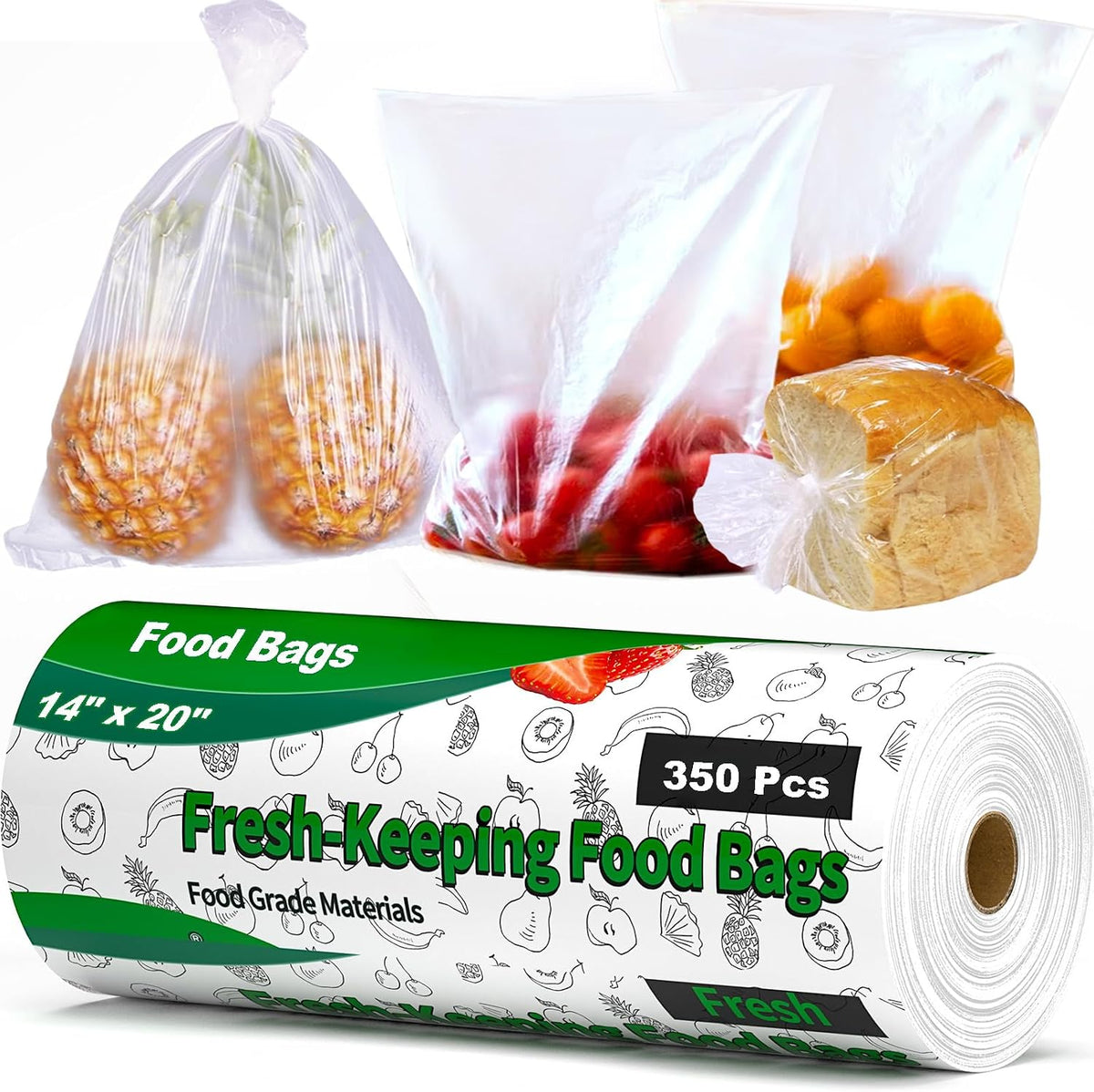 Food Bags, 14" X 20" Plastic Produce Bags Roll, Fresh-Keeping Clear Plastic Bags for Food, Fruit, Vegetable, Bread, Kitchen, freezer, Supermarket, 350 Produce Bags/Roll (1 Rolls)