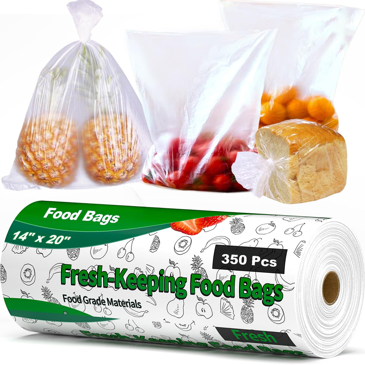 Food Bags, 14" X 20" Plastic Produce Bags Roll, Fresh-Keeping Clear Plastic Bags for Food, Fruit, Vegetable, Bread, Kitchen, freezer, Supermarket, 350 Produce Bags/Roll (1 Rolls)