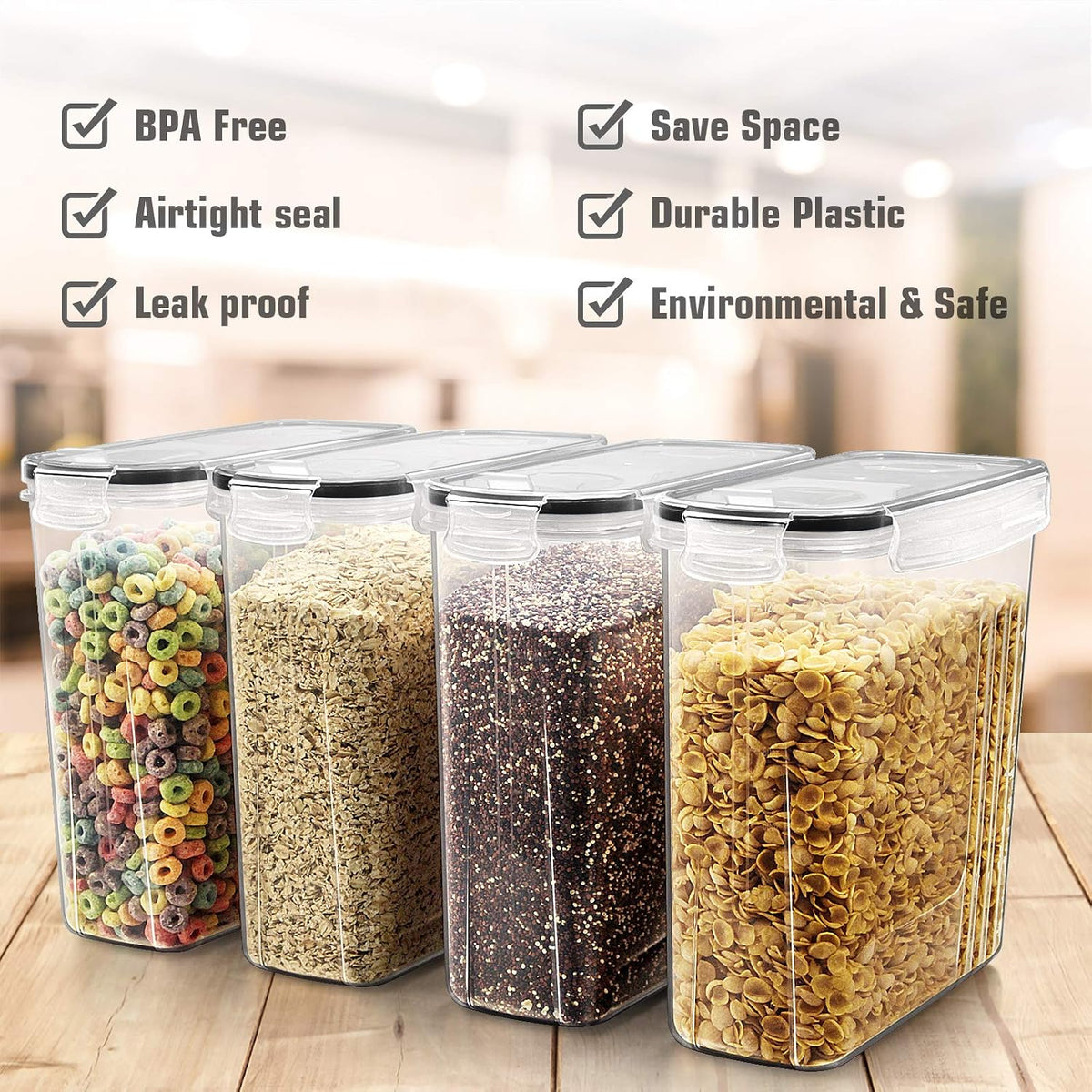 Wildone Cereal Storage Containers Set, Large BPA Free Plastic Airtight Food Storage Containers 4L for Flour, Sugar, 6 Piece Set Cereal Dispensers with 20 Labels & Marker, Black