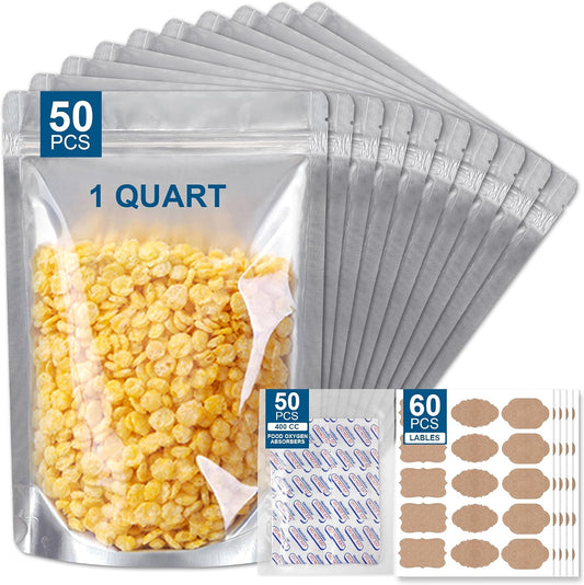 50 Packs Mylar Bags for Food Storage with Clear Window,1 QUART(9.44 Mil, 7"x 10") Reusable Mylar Bags with 400CC Oxygen Absorber for Grains, Wheat, Rice, Legumes, Meat Long Term Food Storage