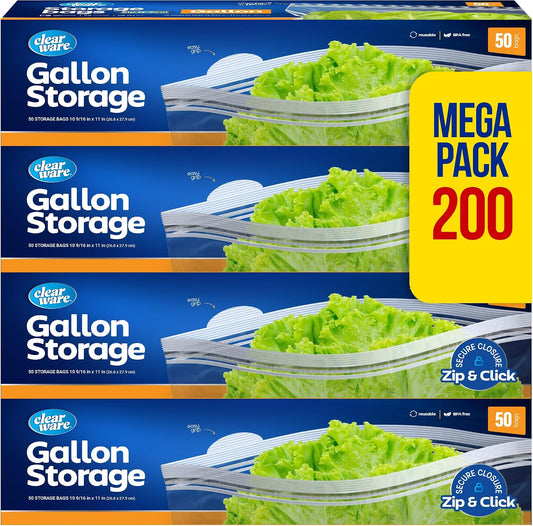 Double Zipper Storage Bags, Gallon Size - 200 Count, (4 packs of 50), Reusable Thick Food Plastic Storage Bags - Microwave-Safe, BPA Free - Resealable Containers for Lunch, Snacks, Meals