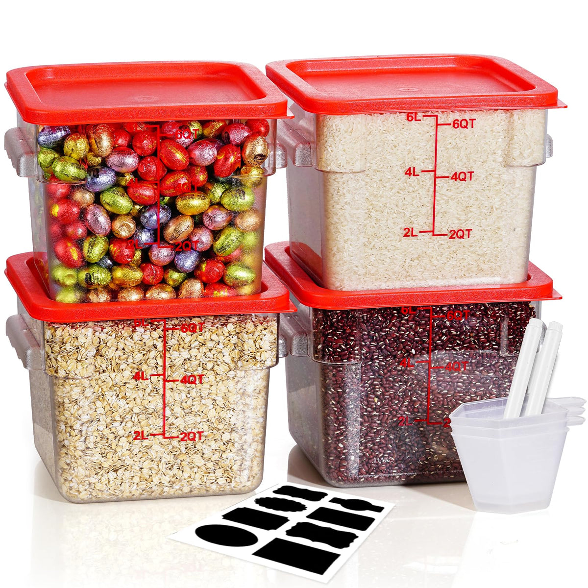 4QT 4PCS NSF Commercial Clear Food Storage Containers with Lids(RED)