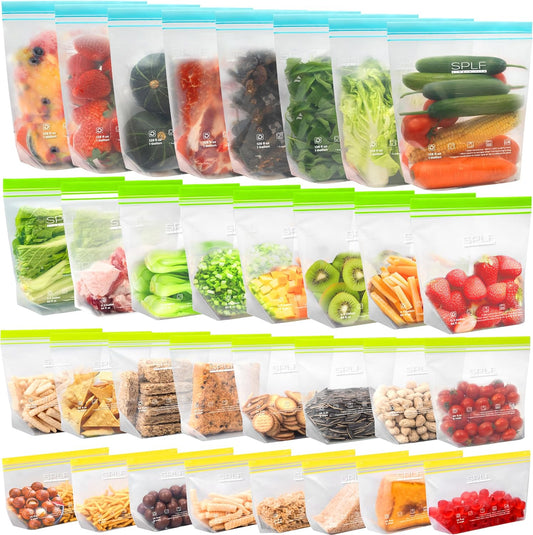 SPLF 32 Pack Reusable Food Storage Bags Dishwasher Microwave Safe