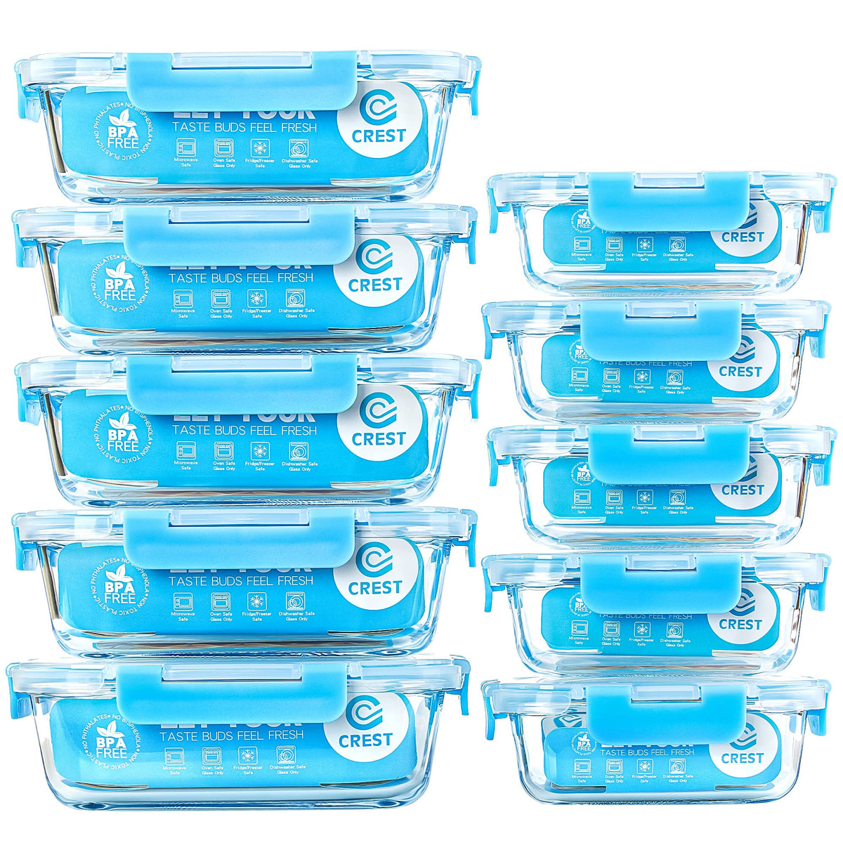 C CREST [10 Pack] Glass Meal Prep Containers, Food Storage Containers with Lids Airtight, Glass Lunch Boxes, Microwave, Oven, Freezer and Dishwasher Safe