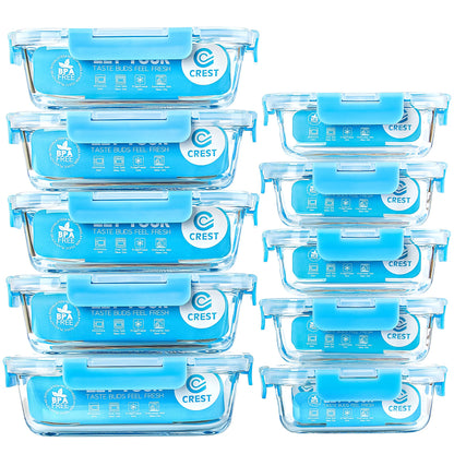 C CREST [10 Pack] Glass Meal Prep Containers, Food Storage Containers with Lids Airtight, Glass Lunch Boxes, Microwave, Oven, Freezer and Dishwasher Safe